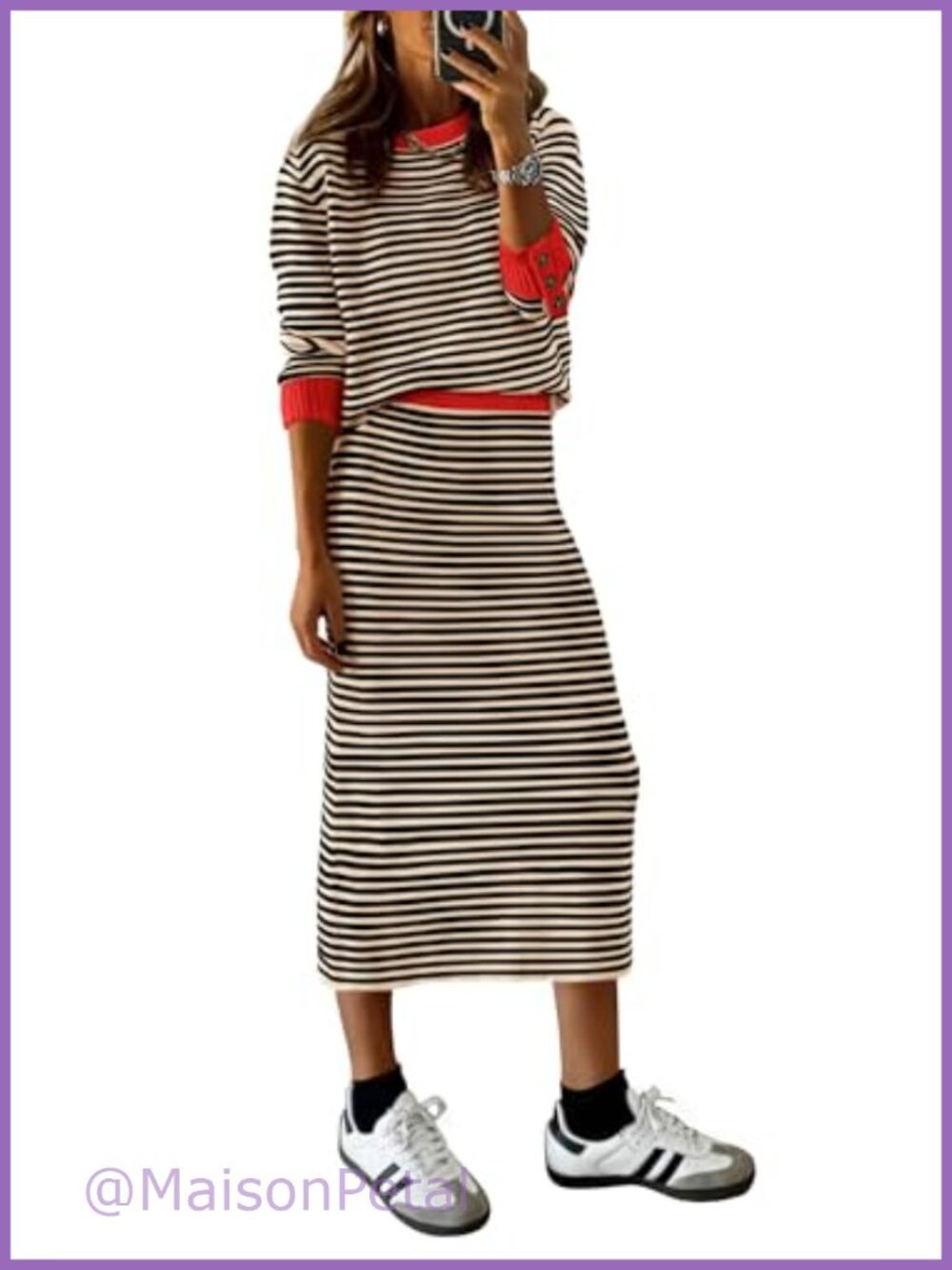 Women's 2 Piece Striped Sweater Skirt Set Long Sleeve Midi Matching Outfit